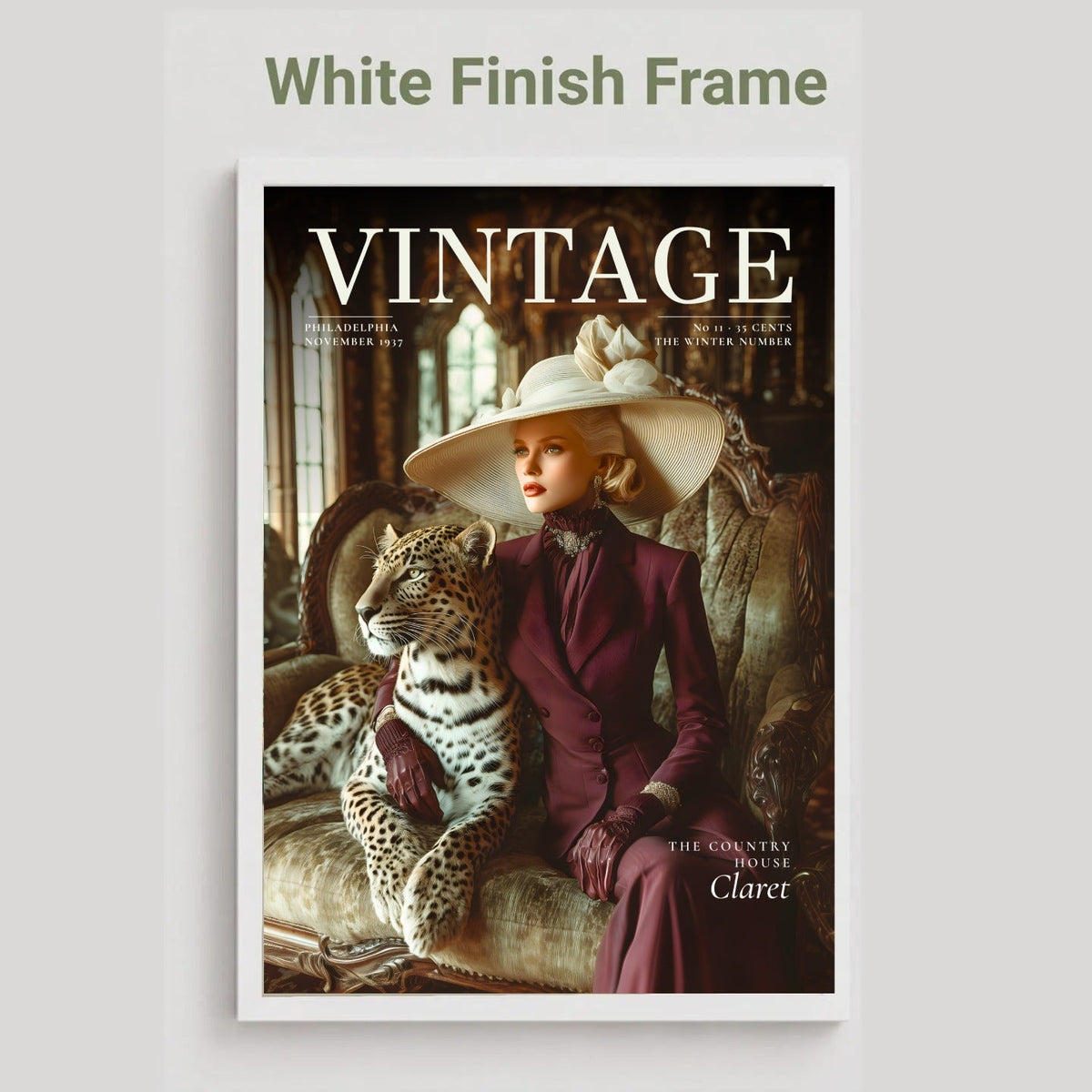 A vintage-style magazine cover featuring a woman in a wide-brimmed hat and a leopard on a sofa, with the title VINTAGE prominently displayed. The image is shown with a white frame above it on a light gray background, labeled 'White Finish Frame.