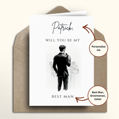 Greeting card with illustration of a man in a suit and text asking 'Will you be my Best Man' on a beige background.