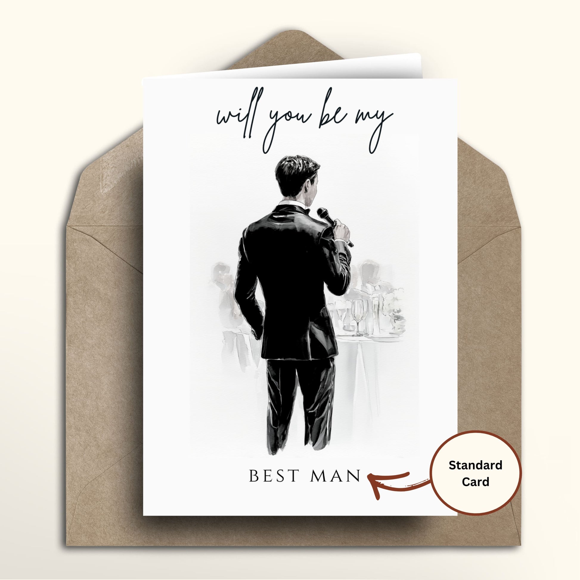 Greeting card with illustration of a man in a suit and text 'Will you be my Best Man' on a brown envelope.