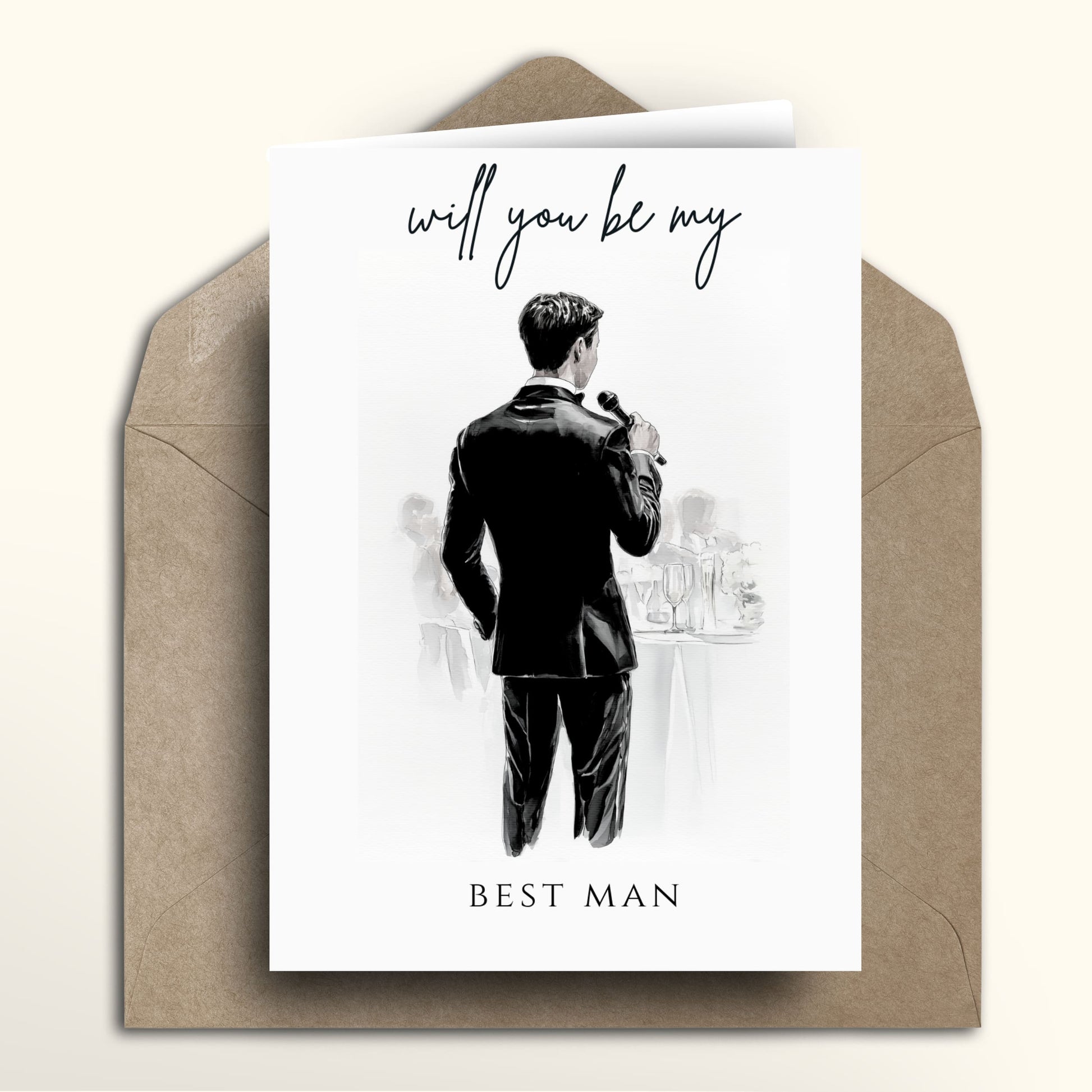 Greeting card with illustration of a man in a suit and envelope, asking 'Will you be my Best Man'.
