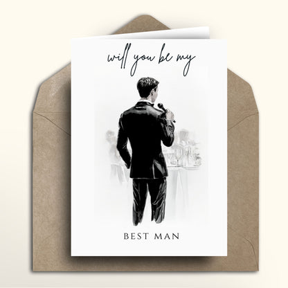 Greeting card with illustration of a man in a suit and envelope, asking 'Will you be my Best Man'.