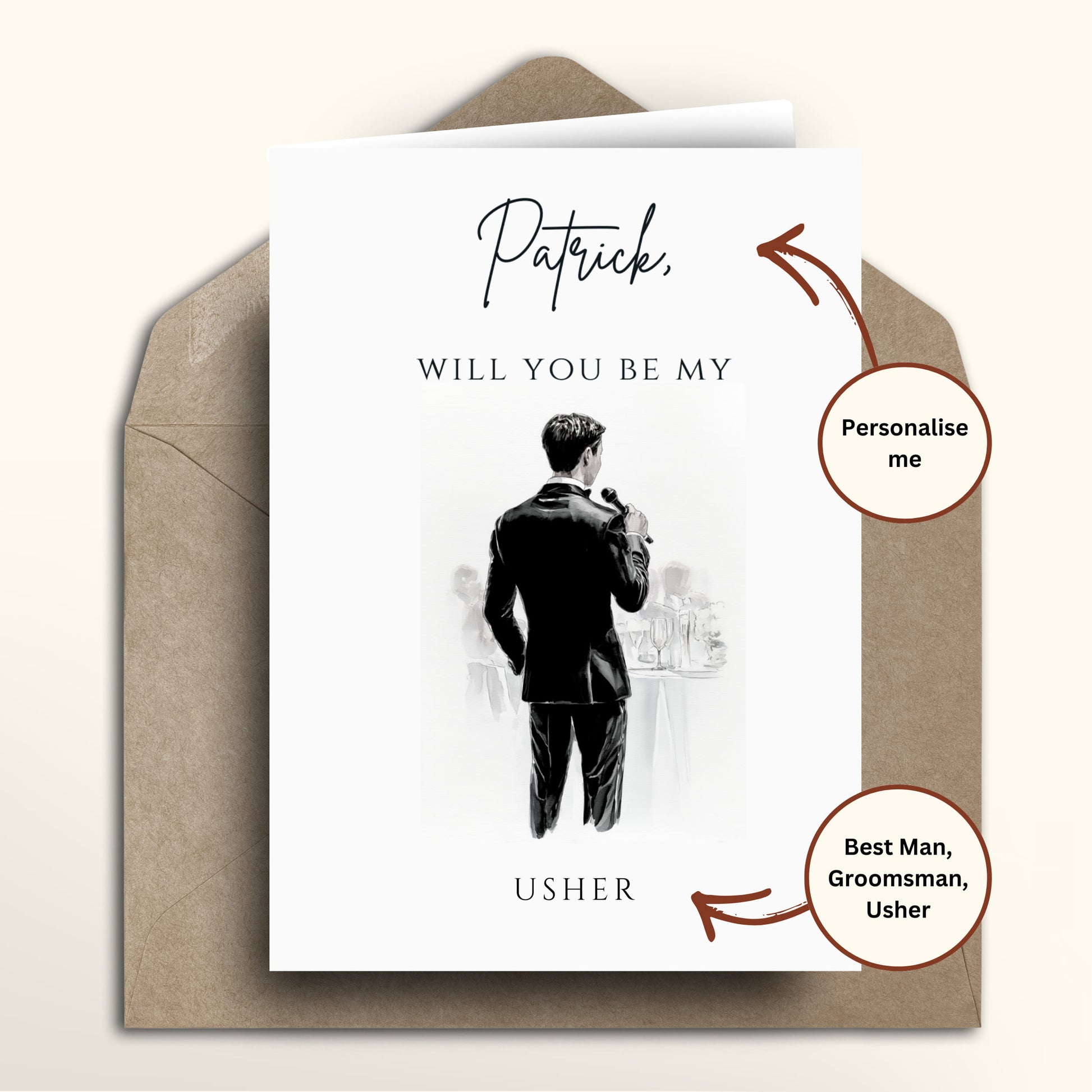 Greeting card with illustration of a man in a suit and envelope, asking 'Will you be my Usher'.