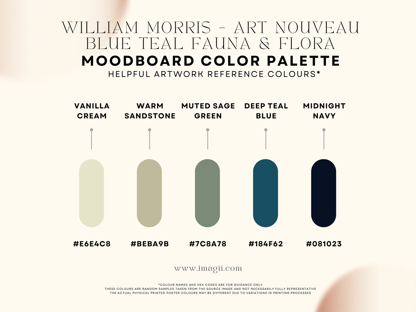 Color palette chart for William Morris Art Nouveau design with color swatches and names.