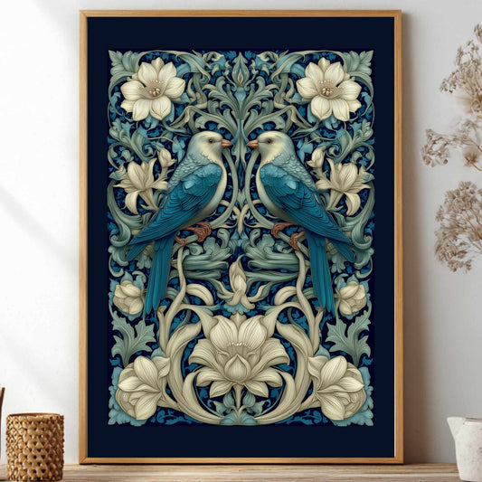 Art Nouveau Blue Bird Poster inspired by William Morris, Botanical Acanthus Leaf Wall Art, Vintage Floral Decor, Symmetrical Flora and Fauna Print