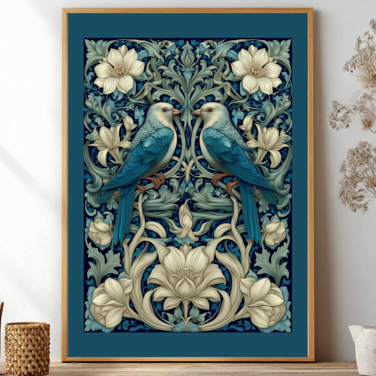 Art Nouveau Blue Bird Poster inspired by William Morris, Botanical Acanthus Leaf Wall Art, Vintage Floral Decor, Symmetrical Flora and Fauna Print