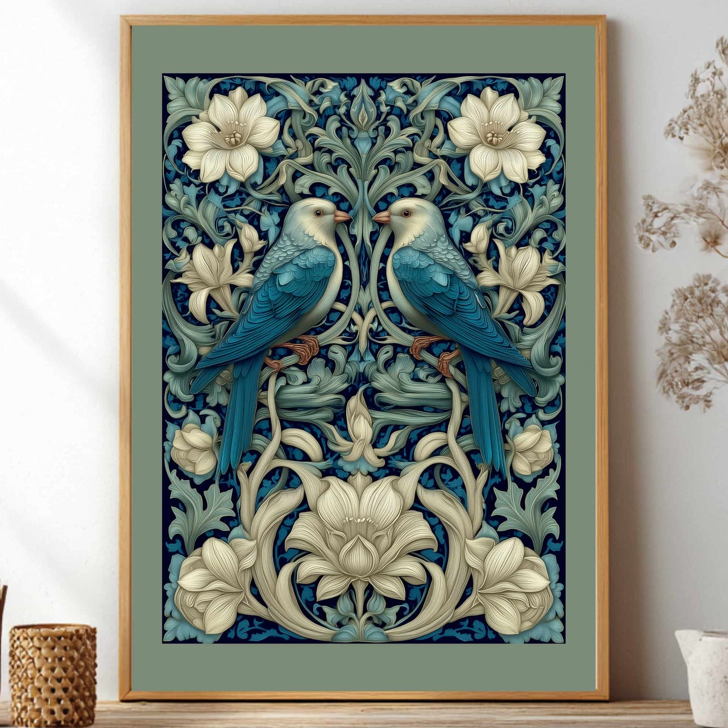 Art Nouveau Blue Bird Poster inspired by William Morris, Botanical Acanthus Leaf Wall Art, Vintage Floral Decor, Symmetrical Flora and Fauna Print