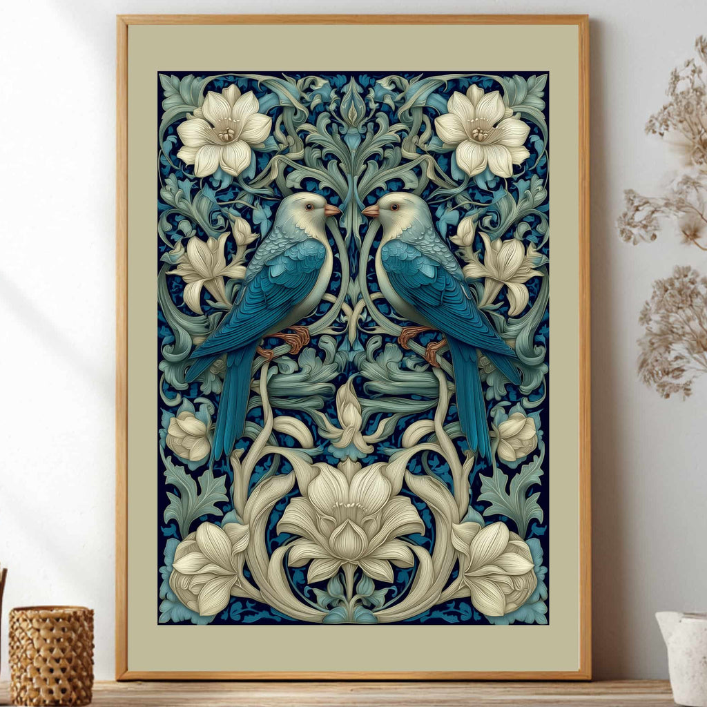 Art Nouveau Blue Bird Poster inspired by William Morris, Botanical Acanthus Leaf Wall Art, Vintage Floral Decor, Symmetrical Flora and Fauna Print