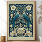 Art Nouveau Blue Bird Poster inspired by William Morris, Botanical Acanthus Leaf Wall Art, Vintage Floral Decor, Symmetrical Flora and Fauna Print