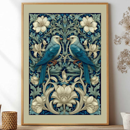 Art Nouveau Blue Bird Poster inspired by William Morris, Botanical Acanthus Leaf Wall Art, Vintage Floral Decor, Symmetrical Flora and Fauna Print