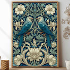 Art Nouveau Blue Bird Poster inspired by William Morris, Botanical Acanthus Leaf Wall Art, Vintage Floral Decor, Symmetrical Flora and Fauna Print