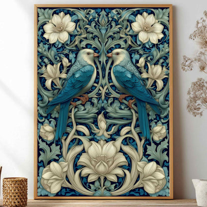 Art Nouveau Blue Bird Poster inspired by William Morris, Botanical Acanthus Leaf Wall Art, Vintage Floral Decor, Symmetrical Flora and Fauna Print