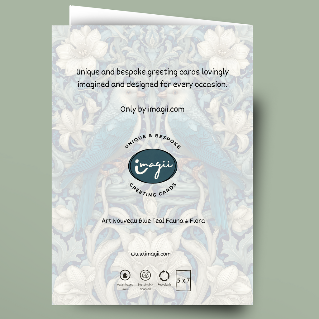 A greeting card shown against a muted sage green background. The card features a light blue and white Art Nouveau floral pattern with black text reading 'Unique and bespoke greeting cards lovingly imagined and designed for every occasion.