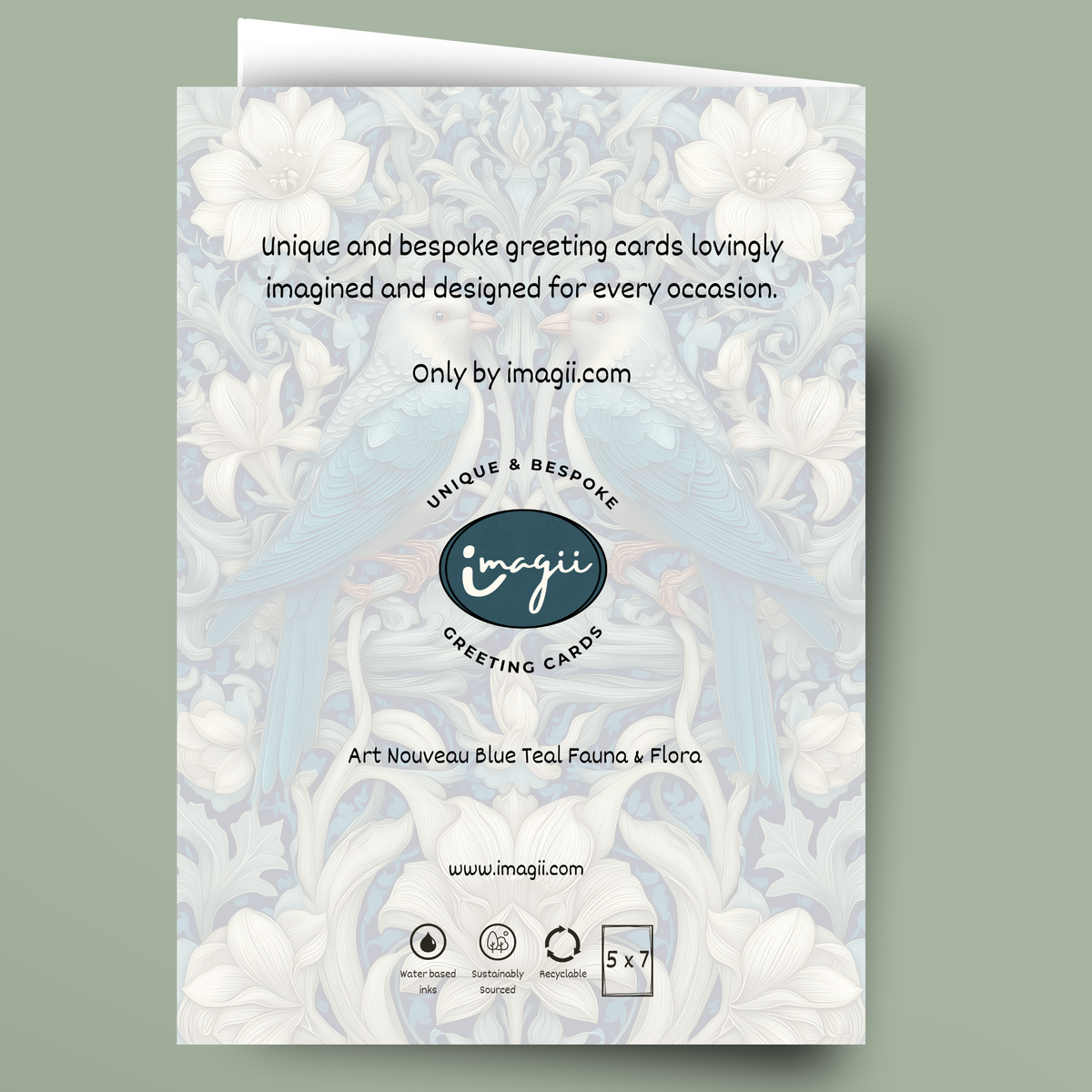 A greeting card shown against a muted sage green background. The card features a light blue and white Art Nouveau floral pattern with black text reading 'Unique and bespoke greeting cards lovingly imagined and designed for every occasion.