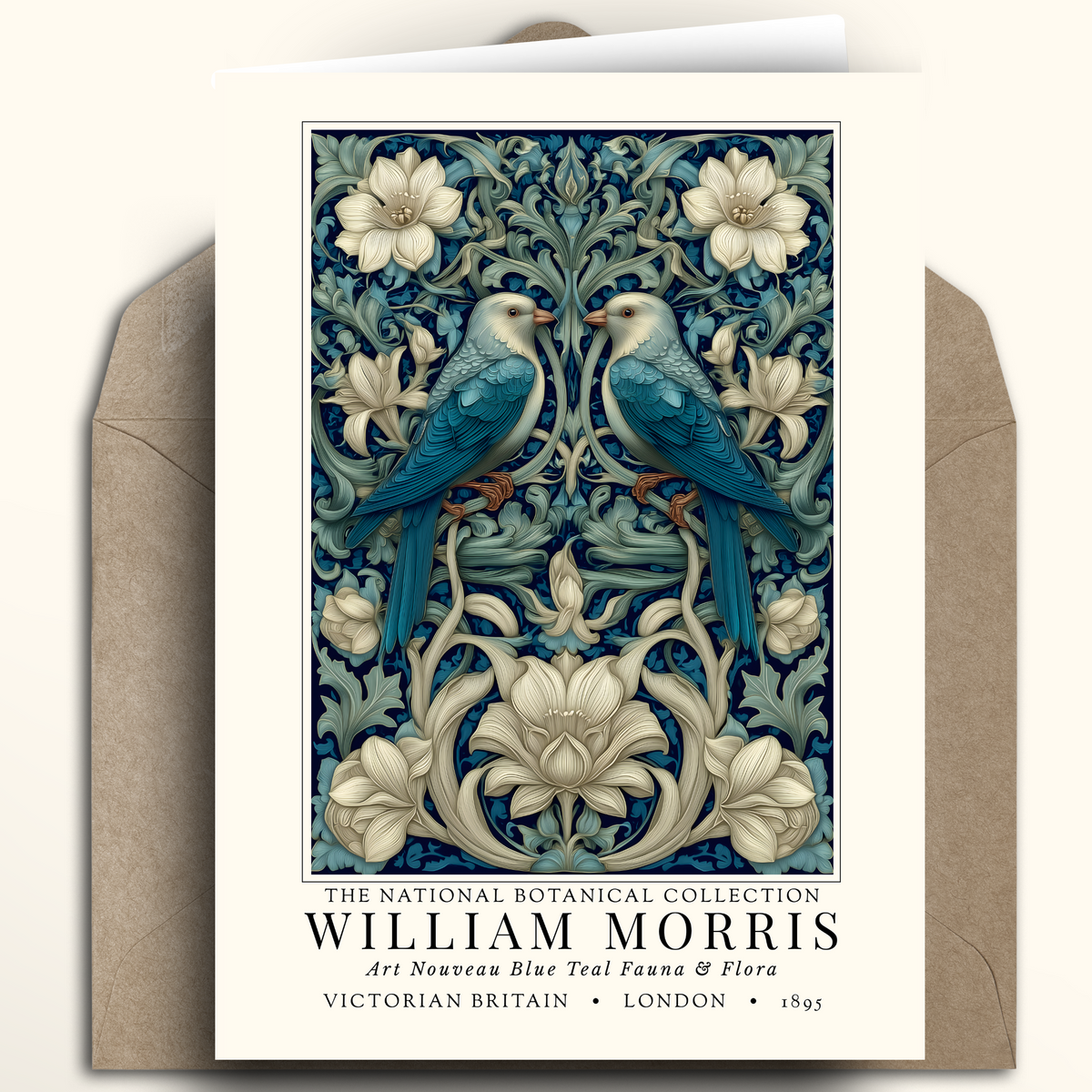 William Morris 'Art Nouveau Blue Tree Flora & Flora' collectible card from The National Botanical Collection, displayed with a brown envelope on a cream background.