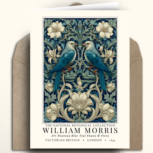 William Morris 'Art Nouveau Blue Tree Flora & Flora' collectible card from The National Botanical Collection, displayed with a brown envelope on a cream background.