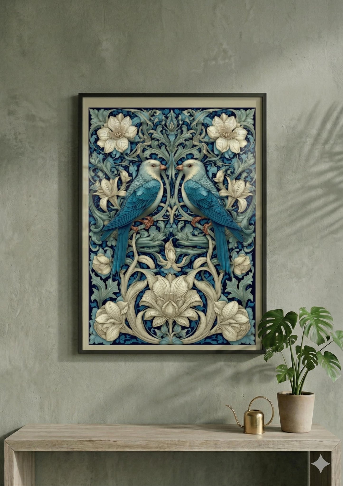 Art Nouveau Blue Bird Poster inspired by William Morris, Botanical Acanthus Leaf Wall Art, Vintage Floral Decor, Symmetrical Flora and Fauna Print