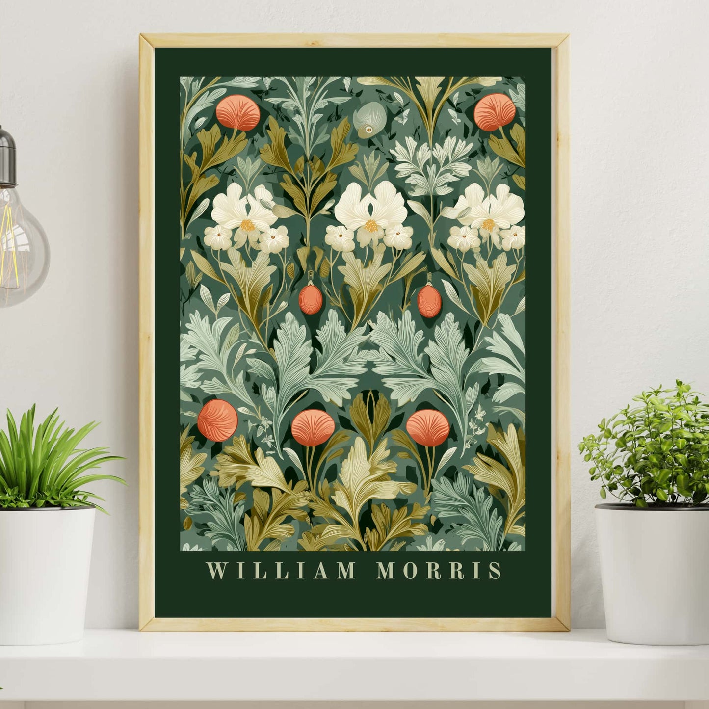 William Morris floral poster with dark green dramatic border featuring botanical spring pattern with cream flowers sage foliage, Arts & Crafts tapestry wall art
