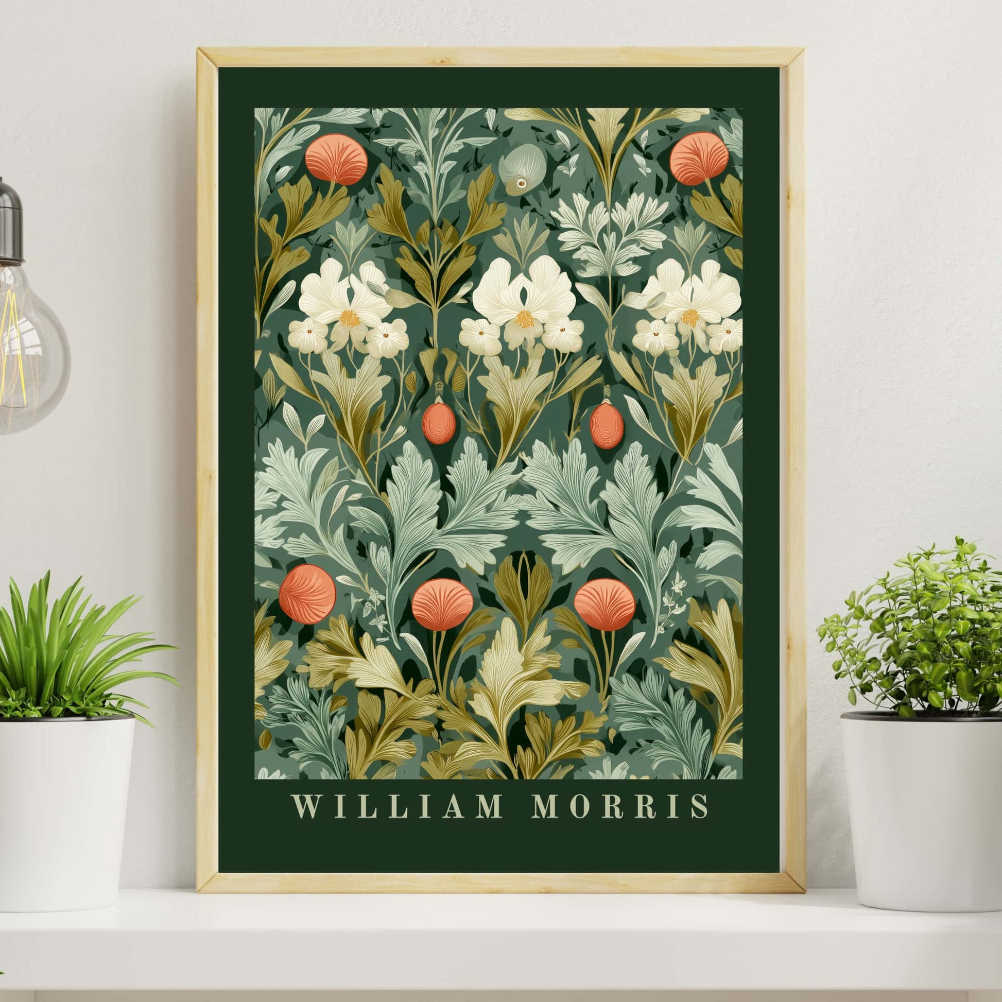 William Morris floral poster with dark green dramatic border featuring botanical spring pattern with cream flowers sage foliage, Arts & Crafts tapestry wall art