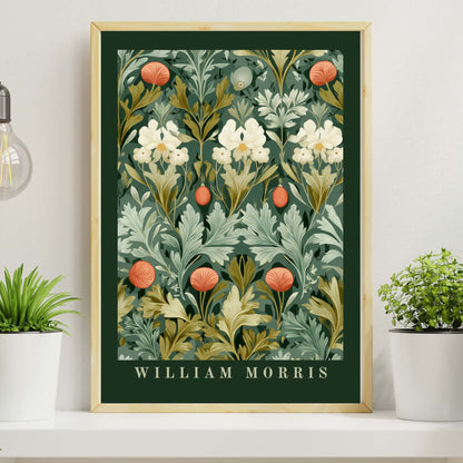 William Morris floral poster with dark green dramatic border featuring botanical spring pattern with cream flowers sage foliage, Arts & Crafts tapestry wall art
