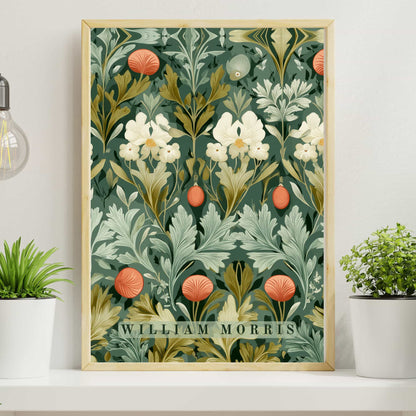 William Morris botanical floral poster featuring cream spring flowers coral orbs sage green golden foliage on dark teal background, borderless Arts & Crafts seamless tapestry pattern