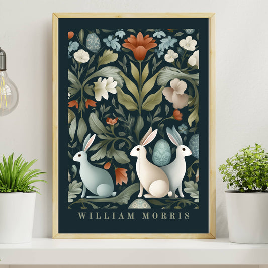 William Morris Easter spring rabbits poster featuring three stylized white rabbits among decorative eggs spring florals and botanical foliage on dark teal background with dark teal border, Arts & Crafts pattern
