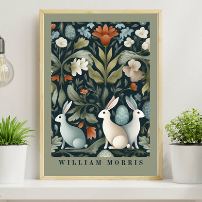 William Morris Easter rabbits poster with sage green natural border featuring three rabbits among spring florals eggs and foliage, Arts & Crafts botanical tapestry pattern