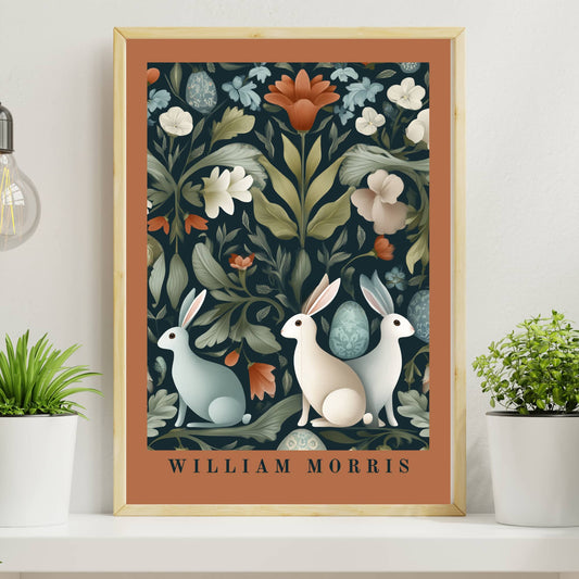 William Morris spring rabbits print with terracotta coral warm border showing three rabbits with eggs and spring flowers botanical pattern, Arts & Crafts style poster