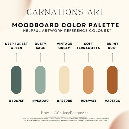 Moodboard color palette with six color swatches labeled 'Deep Forest Green', 'Dusty Sage', 'Vintage Cream', 'Soft Terracotta', and 'Burnt Rust'.