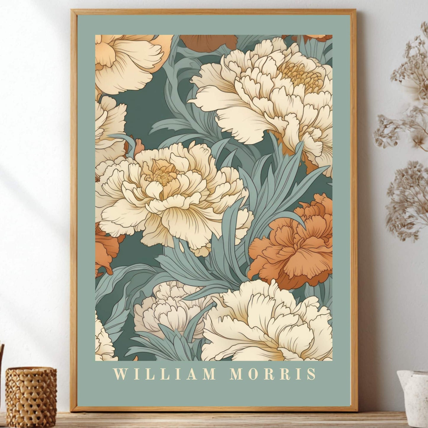 William Morris inspired carnation unframed poster showcasing vintage botanical prints in green and terracotta for art nouveau decor and vintage home styling