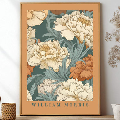 William Morris inspired carnation unframed poster showcasing vintage botanical prints in green and terracotta for art nouveau decor and vintage home styling