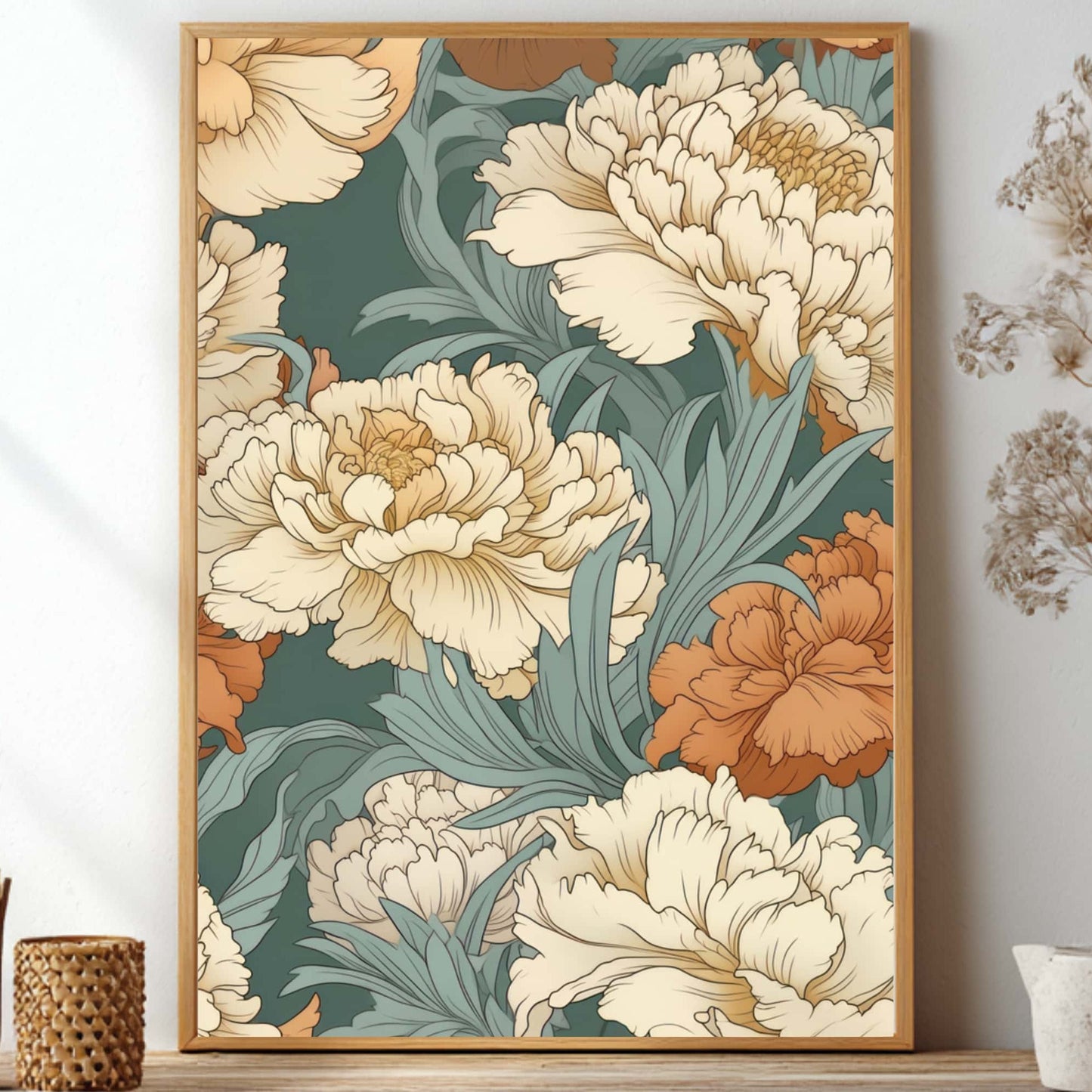 William Morris inspired carnation unframed poster showcasing vintage botanical prints in green and terracotta for art nouveau decor and vintage home styling