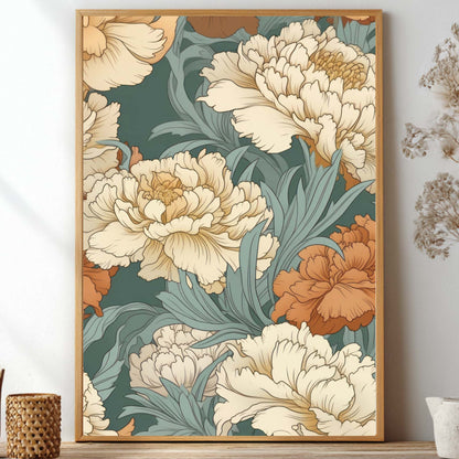 William Morris inspired carnation unframed poster showcasing vintage botanical prints in green and terracotta for art nouveau decor and vintage home styling
