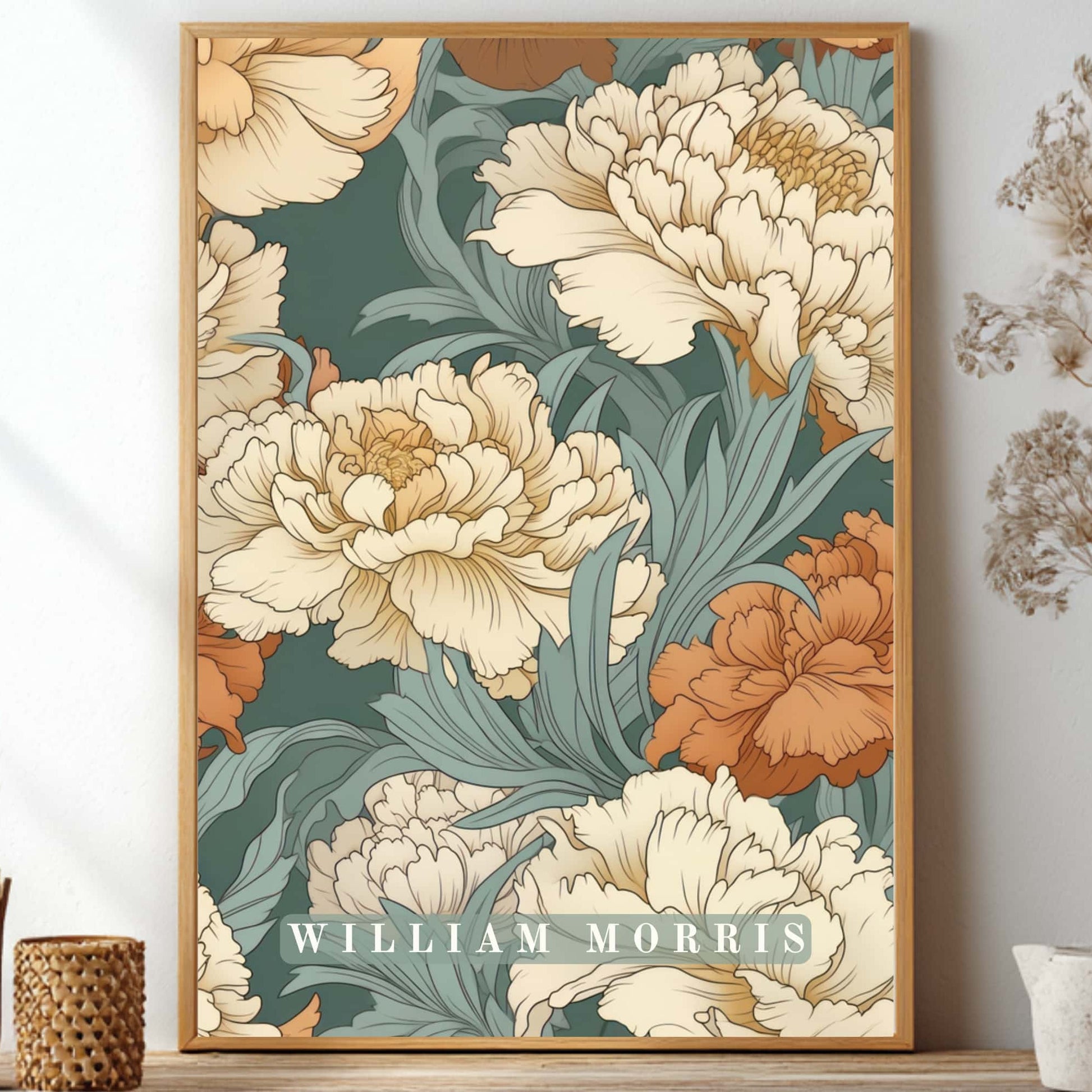 William Morris inspired carnation unframed poster showcasing vintage botanical prints in green and terracotta for art nouveau decor and vintage home styling