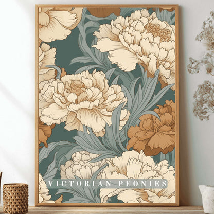 William Morris inspired poster showcasing vintage botanical prints in green and terracotta for art nouveau decor and vintage home styling