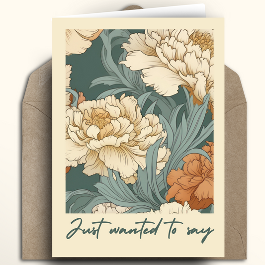 William Morris inspired carnation "Just wanted to say" greeting card showcasing vintage botanical prints in green and terracotta for art nouveau decor and vintage home styling