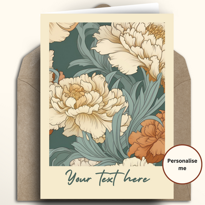 William Morris inspired carnation greeting card showcasing vintage botanical prints in green and terracotta for art nouveau decor and vintage home styling