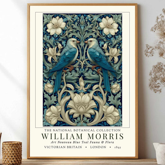 Art Nouveau Blue Bird Poster inspired by William Morris, Botanical Acanthus Leaf Wall Art, Vintage Floral Decor, Symmetrical Flora and Fauna Print