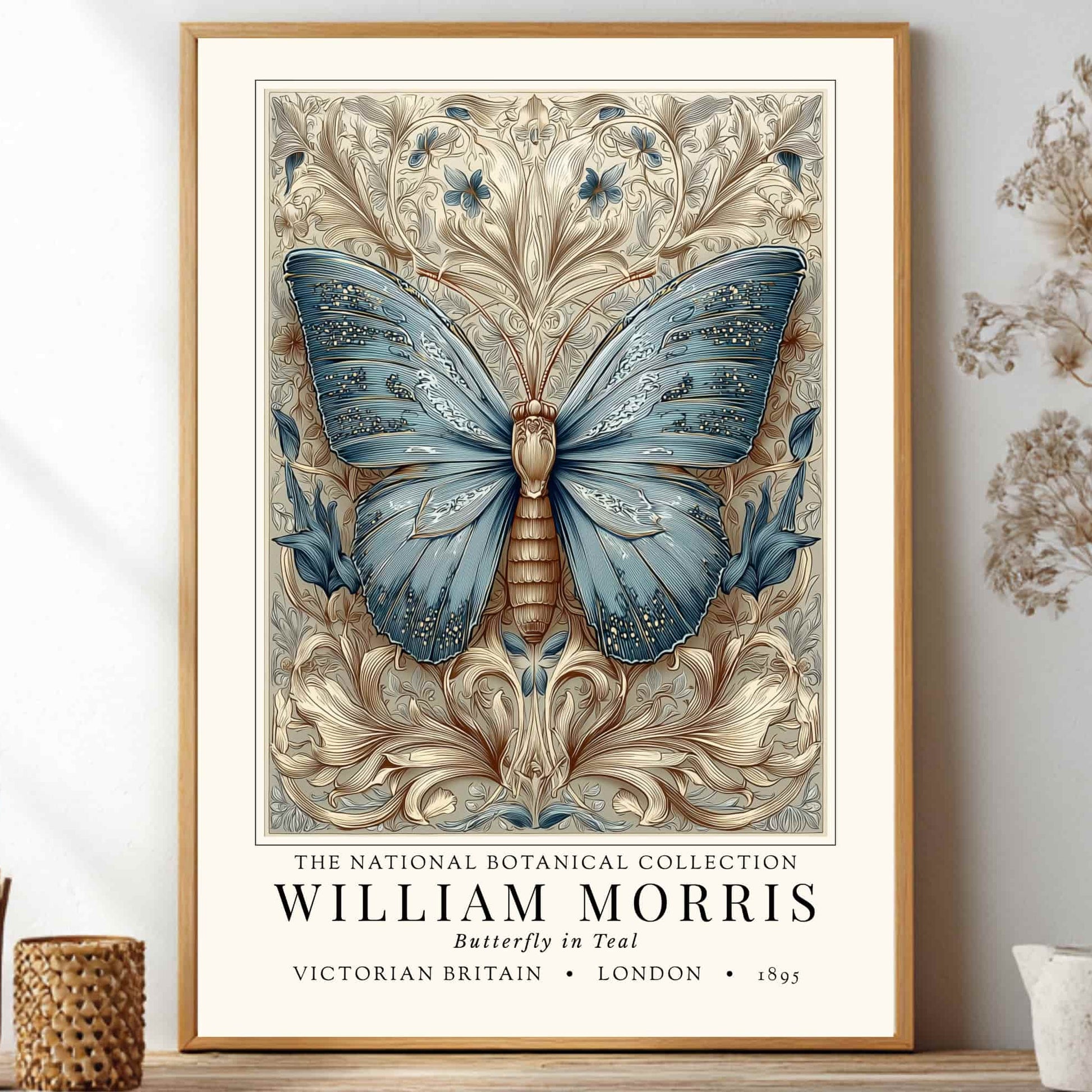 William morris inspired butterfly poster in a light oak frame, beige and teal wall art
