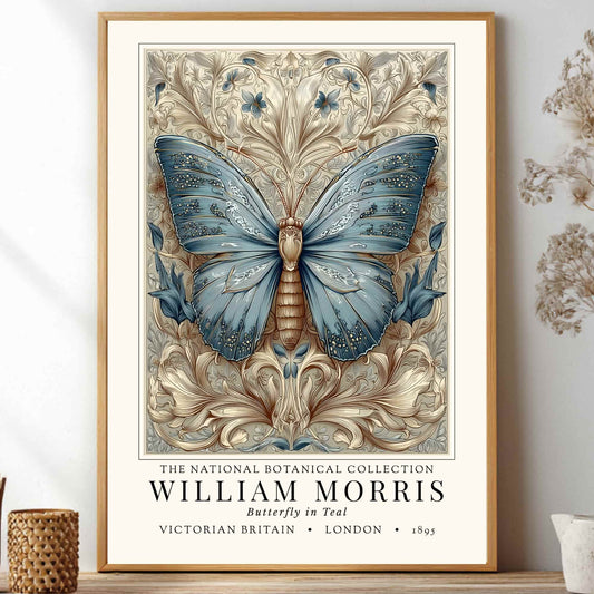 William morris inspired butterfly poster in a light oak frame, beige and teal wall art