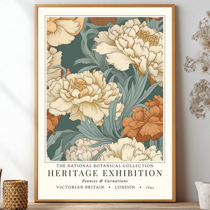 Vintage Arts and Crafts botanical exhibition poster featuring cream peonies and rust carnations on a deep teal background
