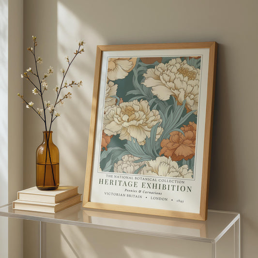 Vintage Botanical Exhibition Poster, Peonies & Carnations
