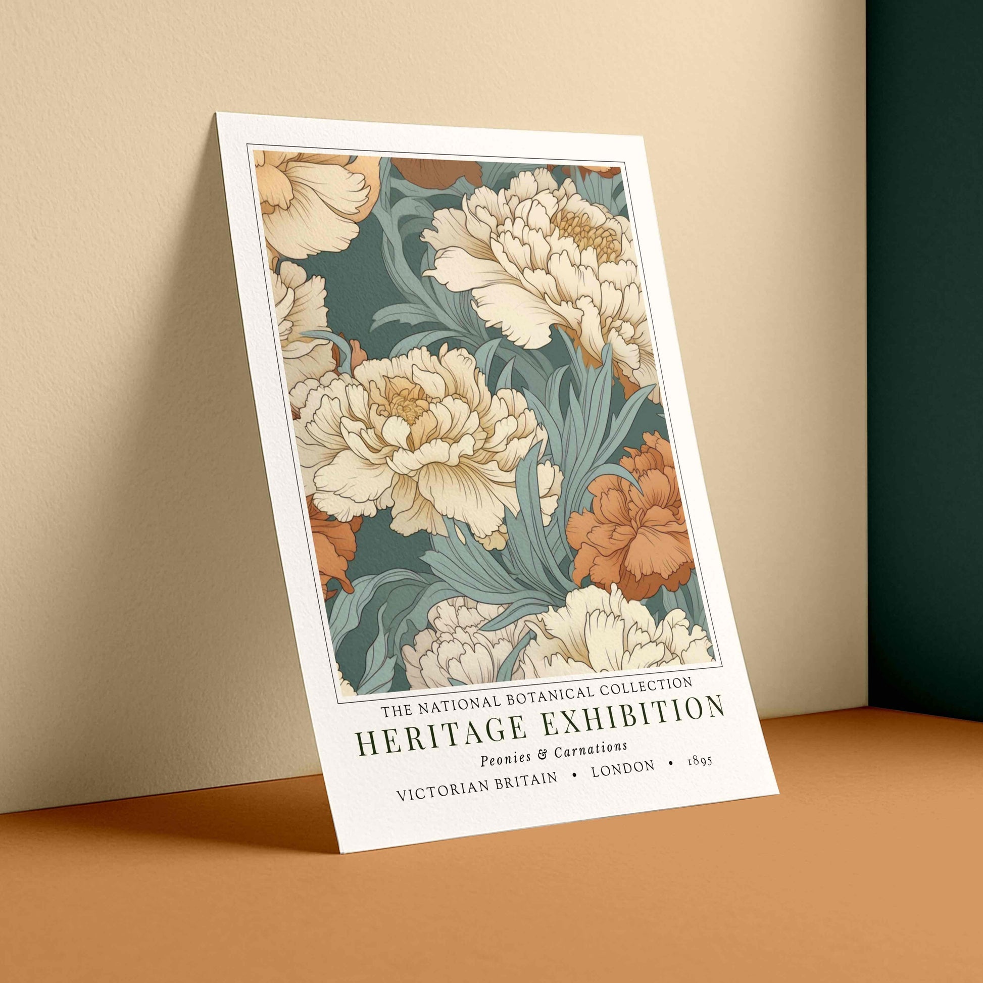 A vertical botanical art print leaning against a beige wall on a terracotta surface. The print features cream and orange peonies on a muted teal background with white borders and text at the bottom reading 'Heritage Exhibition' and 'The National Botanical Collection'.