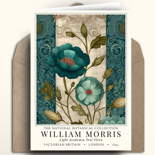A William Morris botanical art print from The National Botanical Collection, featuring teal poppies and floral motifs on a cream and blue patterned background, shown with a brown envelope behind it.