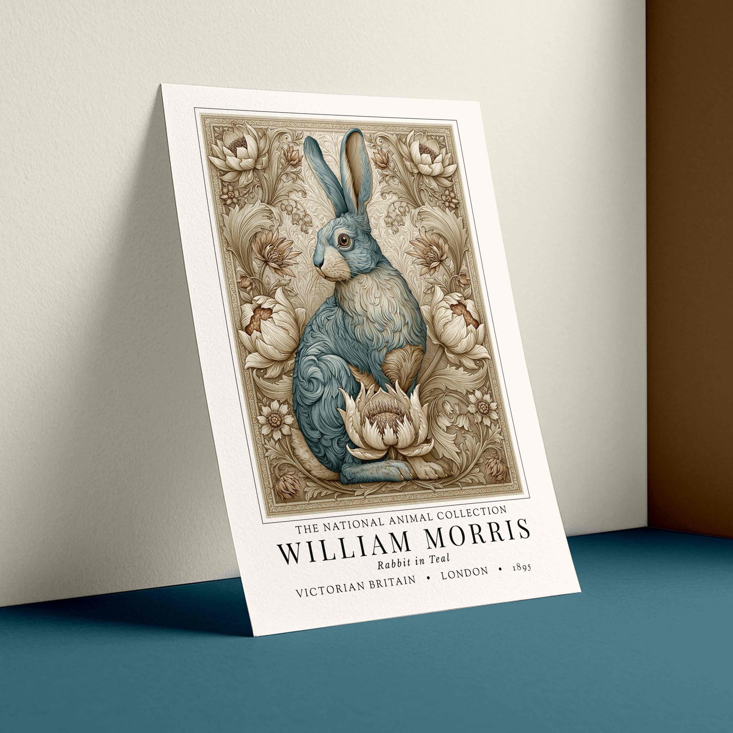 Decorative print featuring a rabbit illustration by William Morris on a white background.