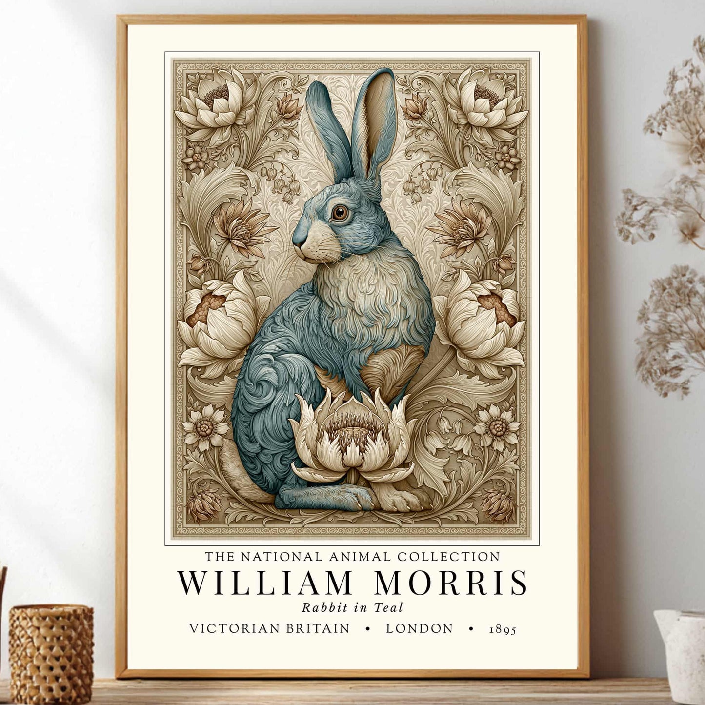 Framed artwork of a rabbit surrounded by flowers on a shelf with decorative items.