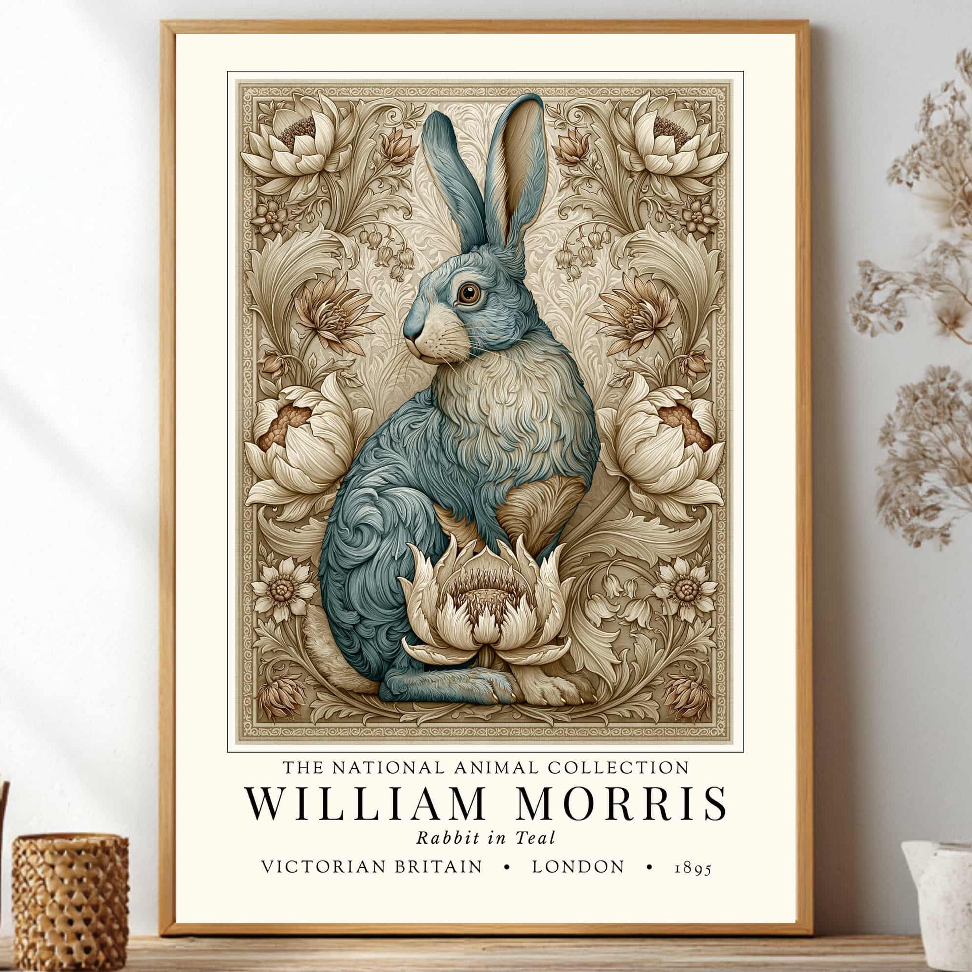 Framed artwork of a rabbit surrounded by flowers on a shelf with decorative items.