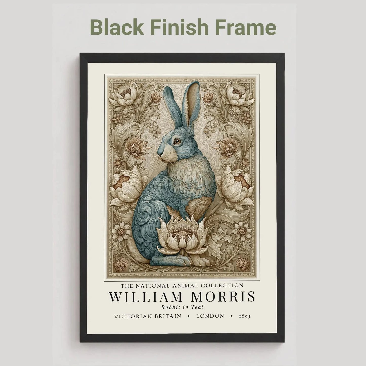 Framed artwork of a rabbit with floral design, featuring William Morris text. William Morris inspired exhibition poster.