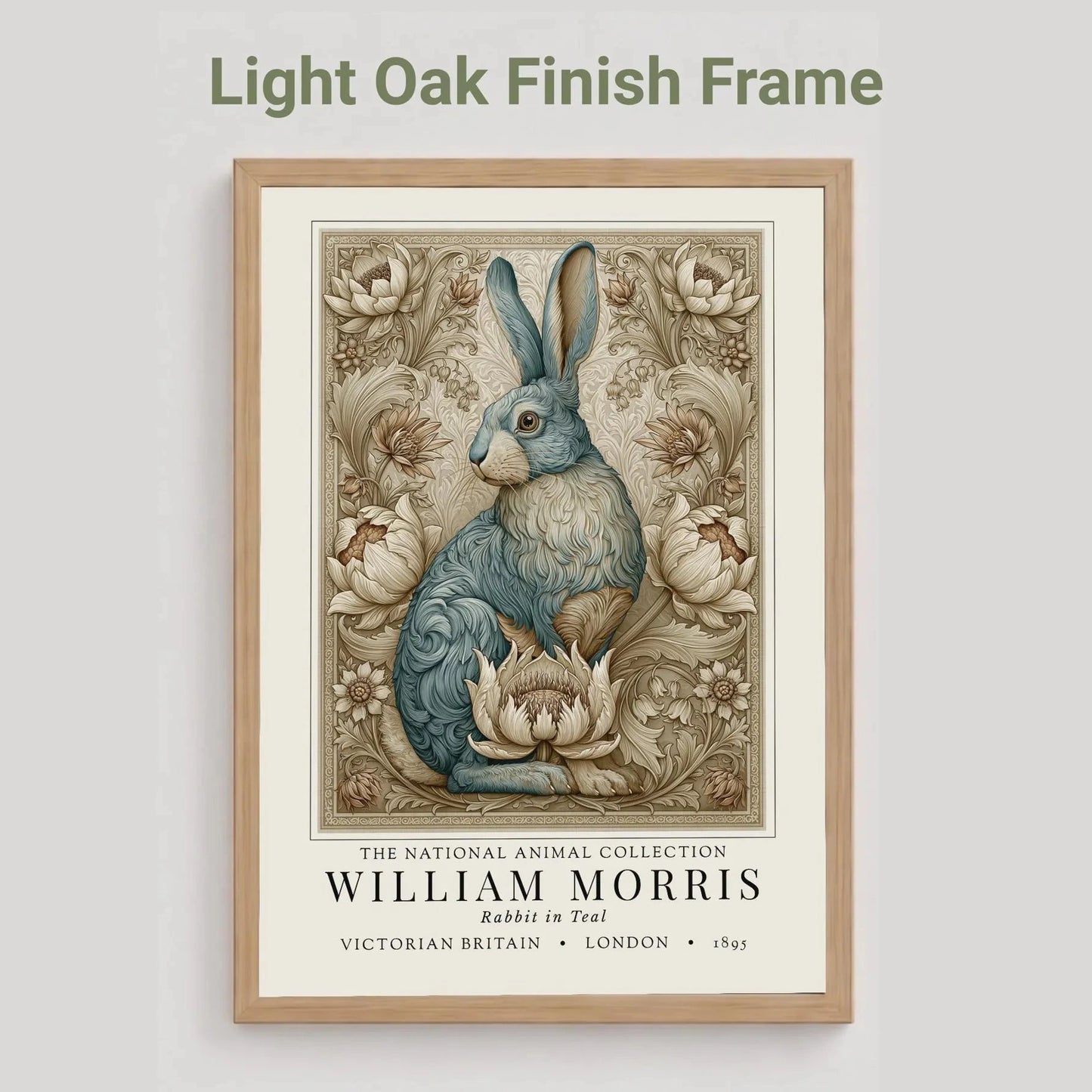 Framed artwork of a rabbit with floral design, featuring William Morris branding. William Morris inspired exhibition poster.