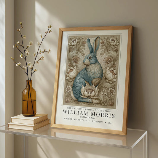 Framed artwork of a rabbit by William Morris on a shelf with a vase and books. William Morris inspired exhibition poster.