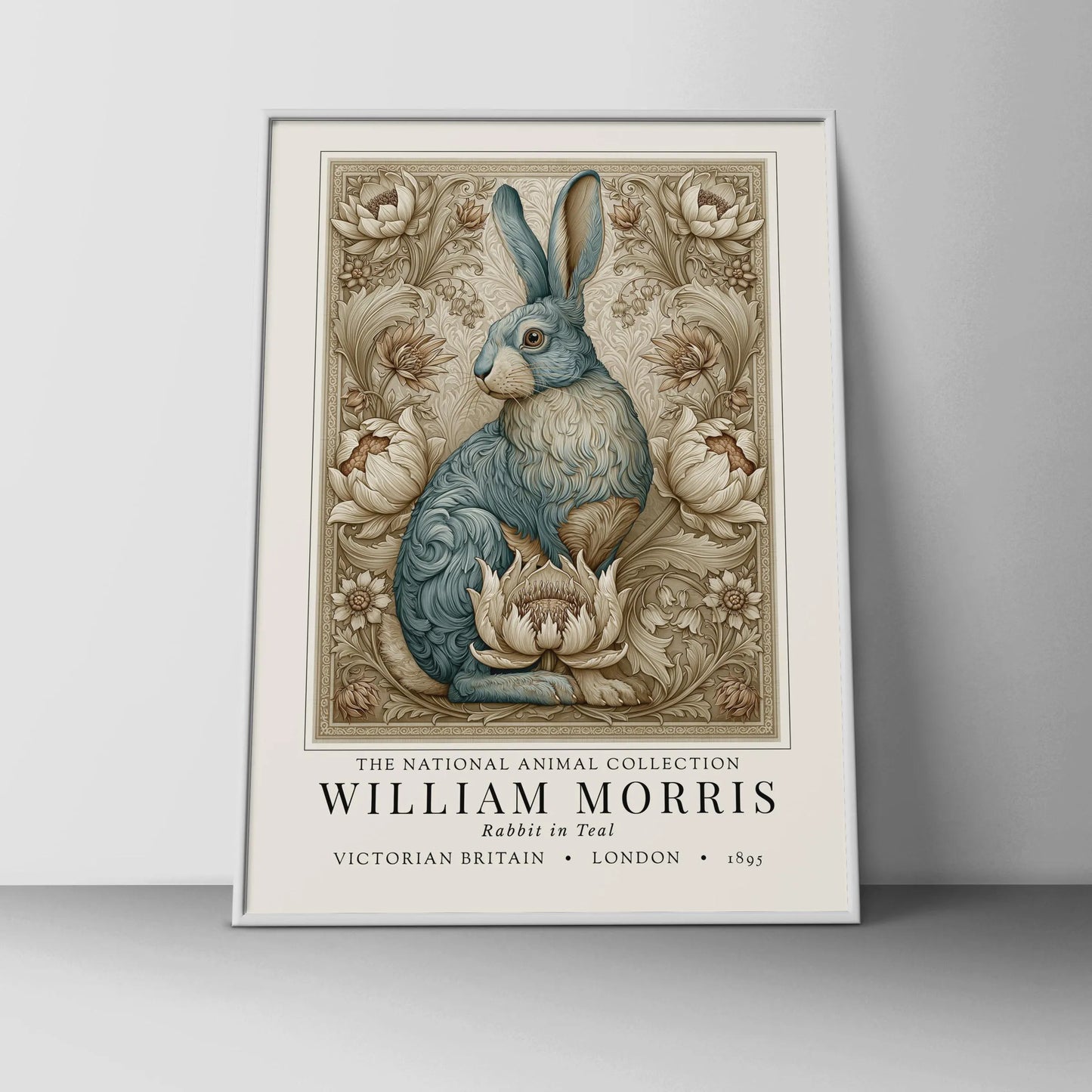 Framed artwork of a rabbit with decorative elements on a plain background. William Morris inspired exhibition poster.